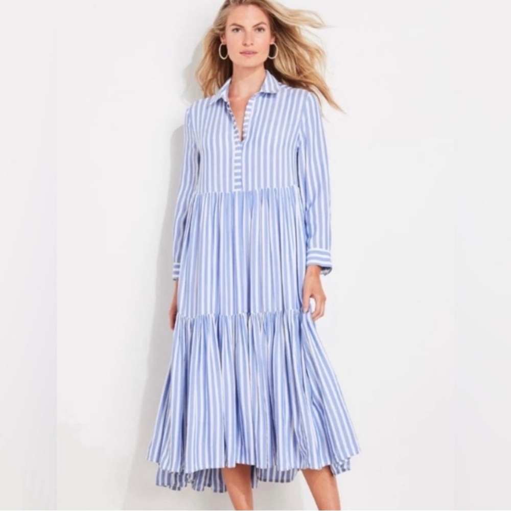 VINEYARD VINES Sail Stripe Tierd Collard Shirt Dress Blue White